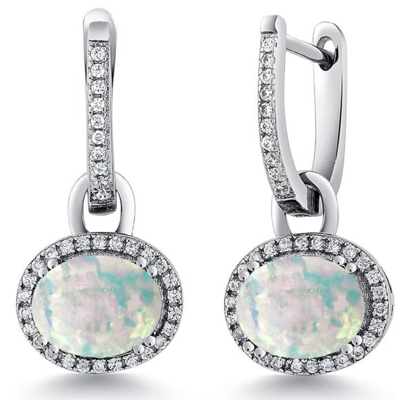 BijouStudios Earrings Jewelry - 925 Sterling Silver with 2.04 Cttw White Opal Oval Dangling French Lock Earrings